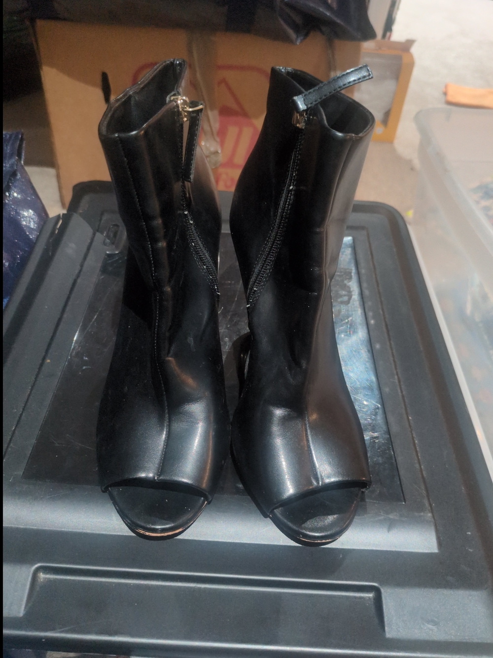 Black Open-Toe Heeled Ankle Boots with Side Zipper Size 8.5